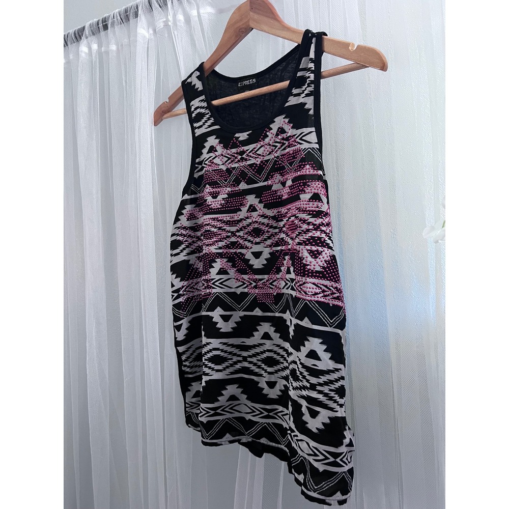 Express Womens XS Black White Tribal Geometric Studded Sleeveless Tank Top